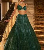 GREEN Rainbow Sequins & Dori Work Net Flared Lehenga with Net Dupatta and Unstitched Net Blouse