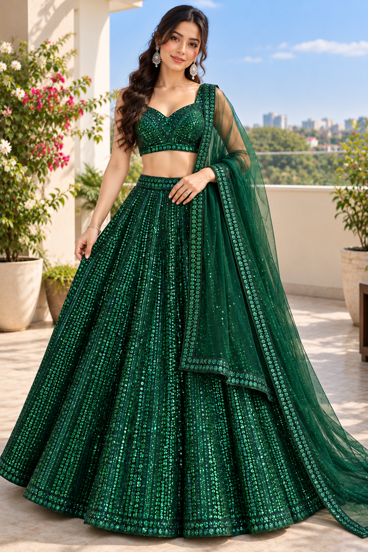GREEN Rainbow Sequins & Dori Work Net Flared Lehenga with Net Dupatta and Unstitched Net Blouse