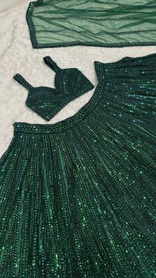 GREEN Rainbow Sequins & Dori Work Net Flared Lehenga with Net Dupatta and Unstitched Net Blouse 4