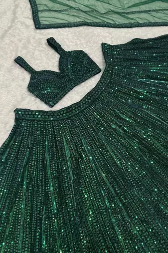 GREEN Rainbow Sequins & Dori Work Net Flared Lehenga with Net Dupatta and Unstitched Net Blouse