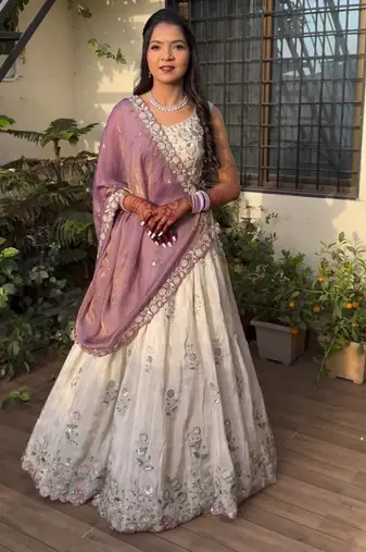 Off White Net Lehenga with Floral Sequins Embroidery, Lavender Dupatta, Stitched Style with Blouse
