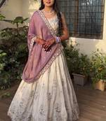 Off White Net Lehenga with Floral Sequins Embroidery, Lavender Dupatta, Stitched Style with Blouse