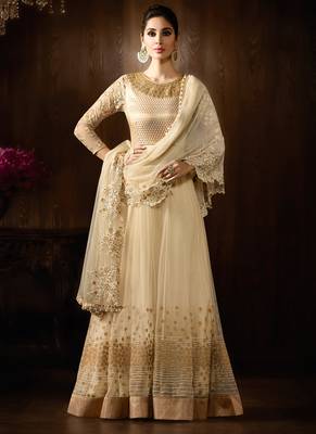 Cream Net heavy embroidered Semi Stitched Party wear Gown Anarkali 1