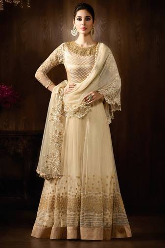 Cream Net heavy embroidered Semi Stitched Party wear Gown Anarkali