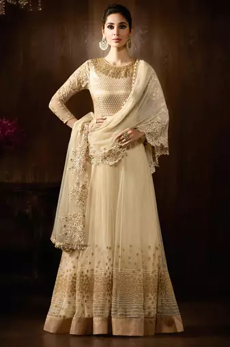 Cream Net heavy embroidered Semi Stitched Party wear Gown Anarkali