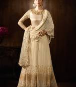 Cream Net heavy embroidered Semi Stitched Party wear Gown Anarkali