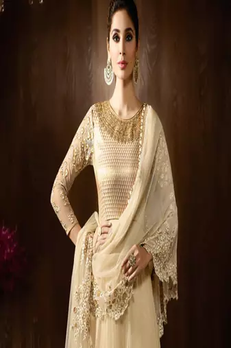 Cream Net heavy embroidered Semi Stitched Party wear Gown Anarkali