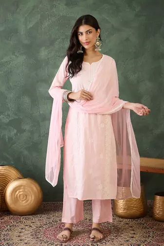 Women Gorgeous Cotton Blend Fabric Thread Work Straight Kurta, Pant and Dupatta Set