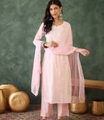 Women Gorgeous Cotton Blend Thread Work Straight Kurta, Pant and Dupatta Set