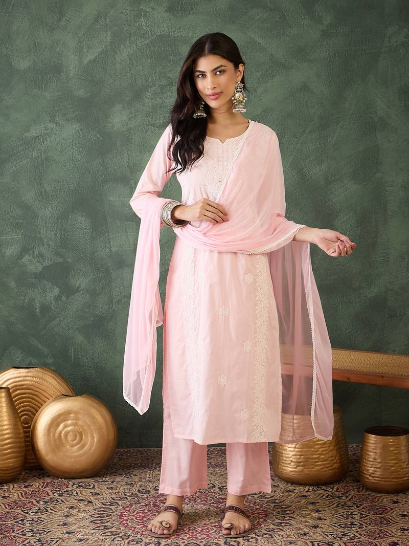 Women Gorgeous Cotton Blend Fabric Thread Work Straight Kurta, Pant and Dupatta Set
