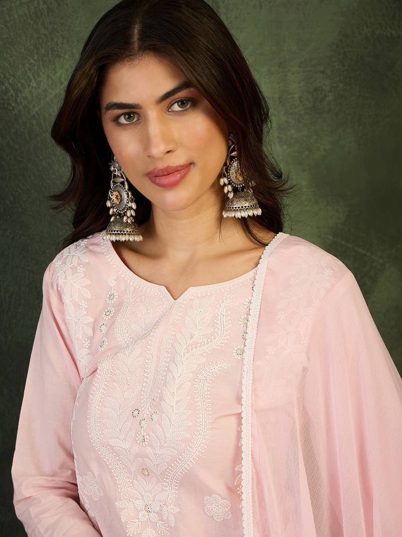 Women Gorgeous Cotton Blend Fabric Thread Work Straight Kurta, Pant and Dupatta Set
