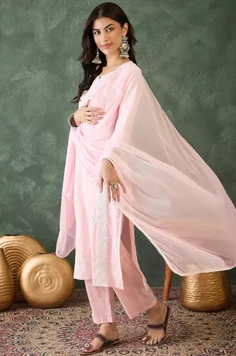 Women  Cotton Blend Thread Work Straight Kurta Pant and Dupatta Set