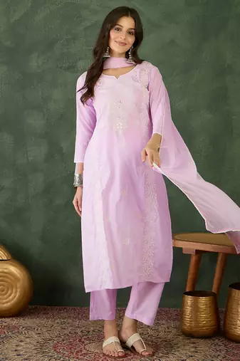 Women Gorgeous Cotton Blend Fabric Thread Work Straight Kurta, Pant and Dupatta Set