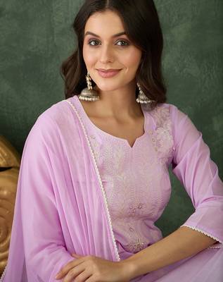 Women  Cotton Blend Thread Work Straight Kurta Pant and Dupatta Set 2