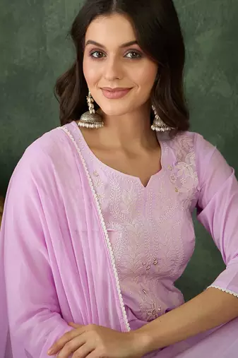Women  Cotton Blend Thread Work Straight Kurta Pant and Dupatta Set
