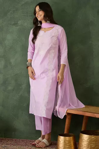 Women  Cotton Blend Thread Work Straight Kurta Pant and Dupatta Set