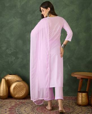 Women  Cotton Blend Thread Work Straight Kurta Pant and Dupatta Set 4