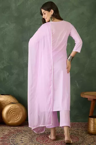 Women  Cotton Blend Thread Work Straight Kurta Pant and Dupatta Set