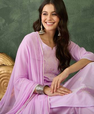Women  Cotton Blend Thread Work Straight Kurta Pant and Dupatta Set 5