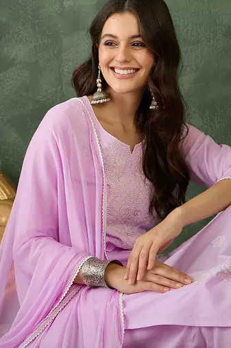 Women  Cotton Blend Thread Work Straight Kurta Pant and Dupatta Set