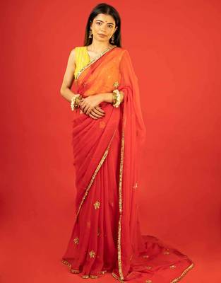 Red embroidered chiffon saree 1
