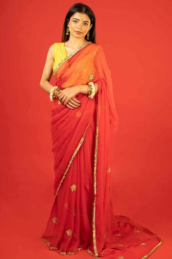 Red embroidered chiffon saree