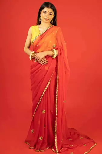 Red embroidered chiffon saree