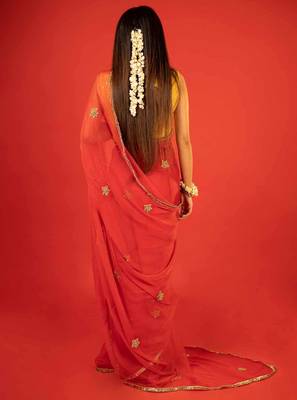 Red embroidered chiffon saree 3