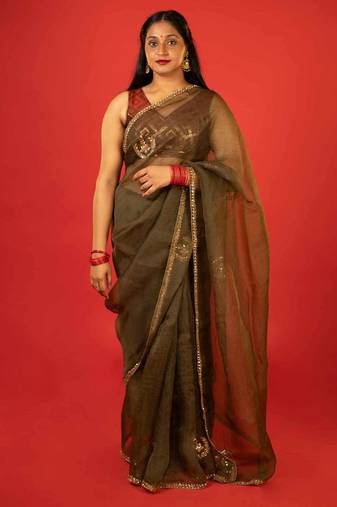Olive embroidered organza saree