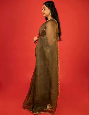 Olive embroidered organza saree 2