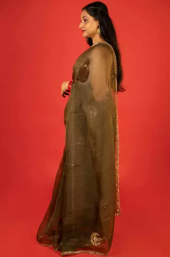 Olive embroidered organza saree