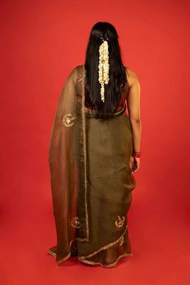 Olive embroidered organza saree 3