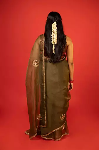 Olive embroidered organza saree