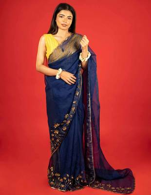 Dark blue embroidered organza saree 1
