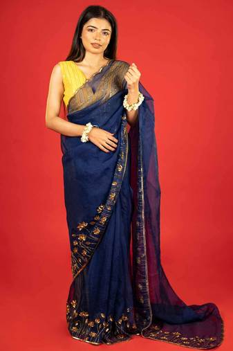 Dark blue embroidered organza saree