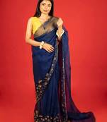 Dark blue embroidered organza saree