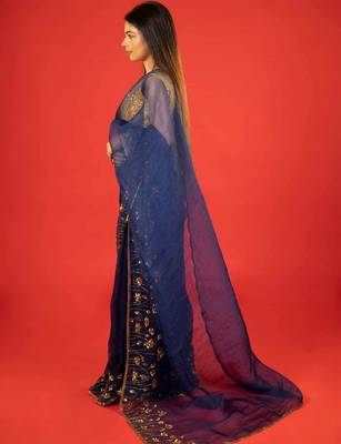 Dark blue embroidered organza saree 2