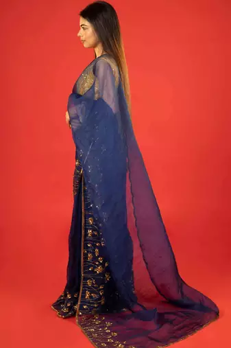 Dark blue embroidered organza saree