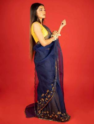 Dark blue embroidered organza saree 3