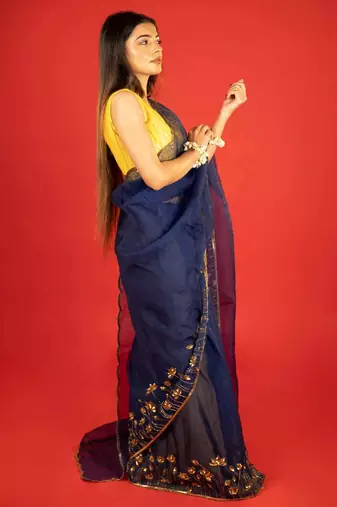 Dark blue embroidered organza saree