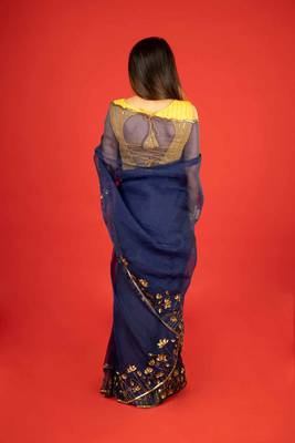 Dark blue embroidered organza saree 4