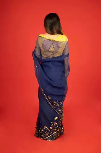 Dark blue embroidered organza saree