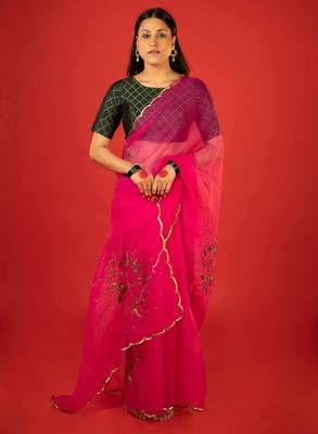 Hot pink embroidered organza saree 1