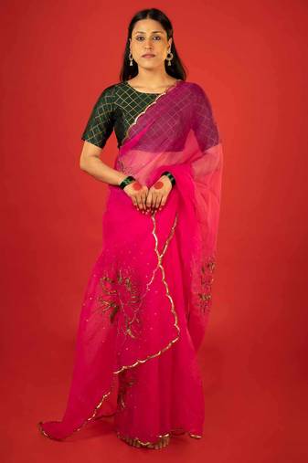 Hot pink embroidered organza saree