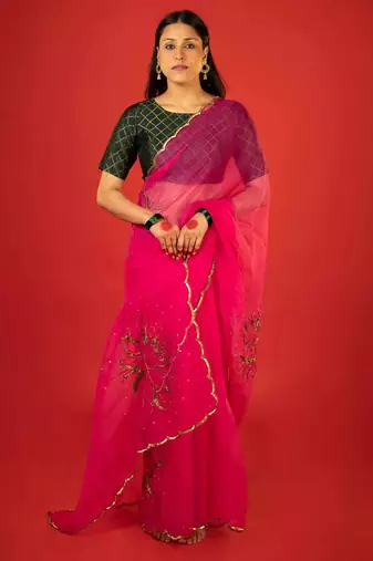 Hot pink embroidered organza saree