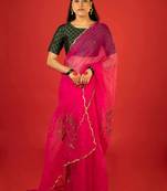 Hot pink embroidered organza saree