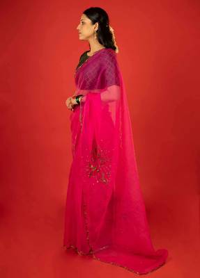 Hot pink embroidered organza saree 2