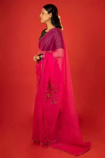 Hot pink embroidered organza saree