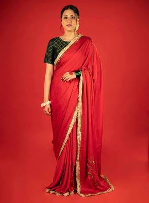 Red embroidered satin saree 1
