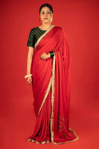 Red embroidered satin saree